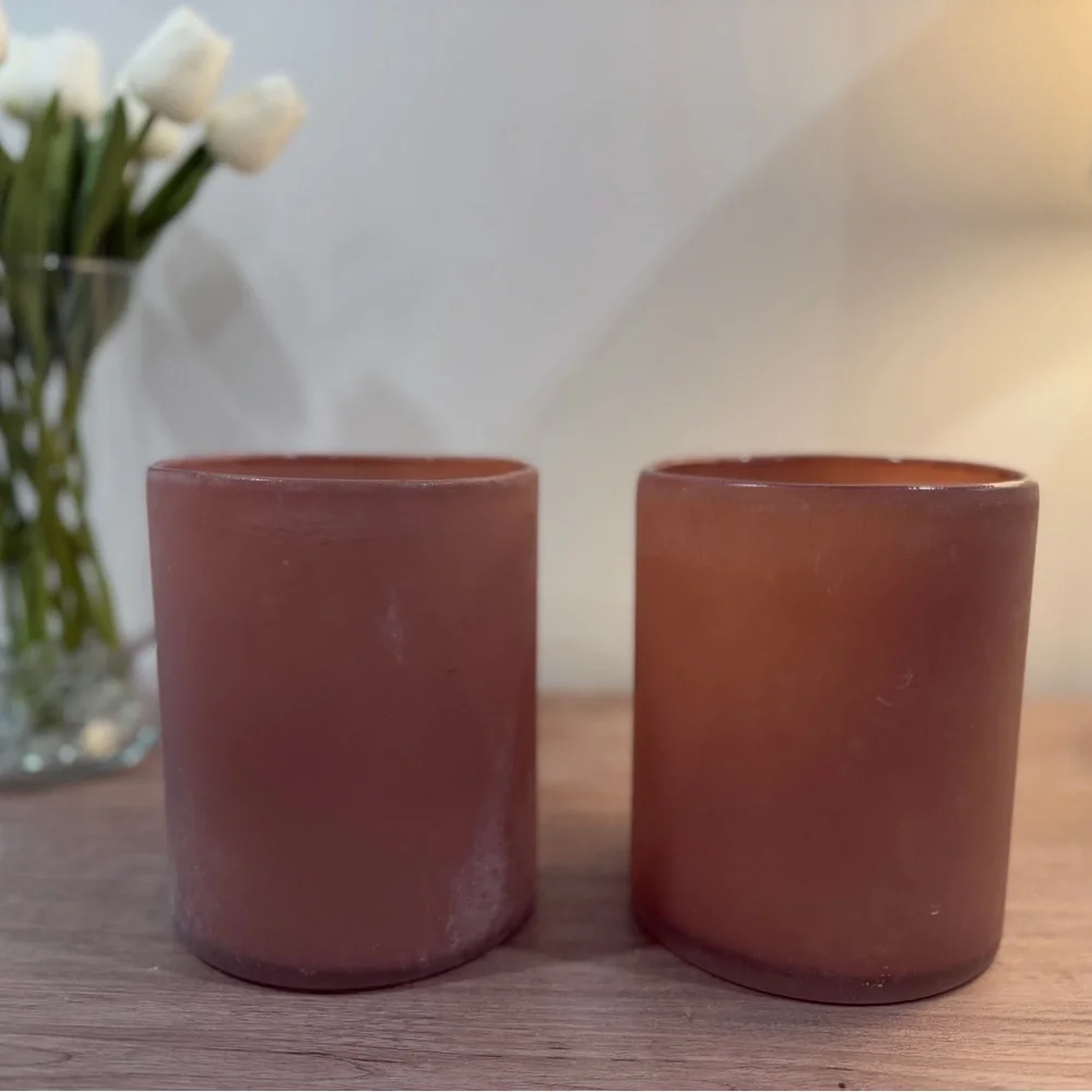 Pottery Barn Large Frosted Mauve Pink Glass Candle Holders - Set of 2